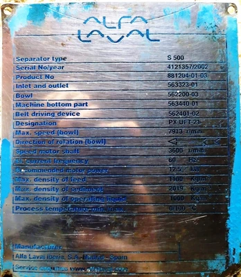 Alfa-Laval S-500 fuel/lube oil purifier, 316SS.