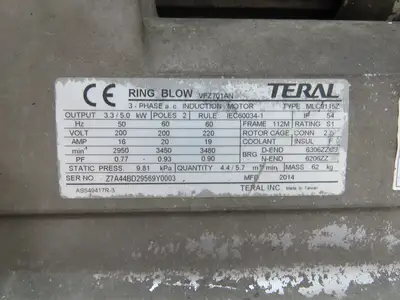 Teral MLC9115Z Regenerative Blower Vacuum Pump 200CFM 5kw 230V 3PH 2"NPT