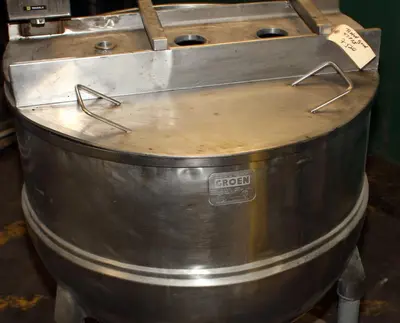 SPC7529  Kettle 100 gallon Groen hemispherical bottom kettle, Sweep agitator, 90 PSI psi jacket rating, Stainless Steel