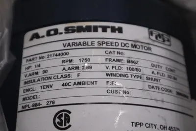 NEW A.O. Smith 21744000 Model NPL-884-276 Variable Speed Dc Motor STOCK H710