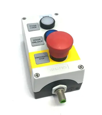 USED SIEMENS ENCLOSURE W/ E-STOP, DUAL ILLUMINATED PUSHBUTTONS