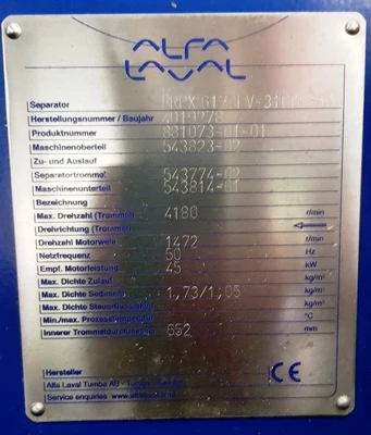 Alfa-Laval BRPX 617 SFV-31CGL-50 clarifier centrifuge, 316SS.
