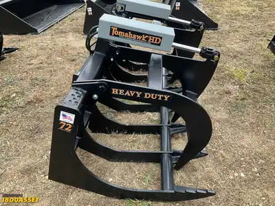 New Tomahawk 72” brush grapple attachment, two hydraulic grapple arms, skid steer quick attach