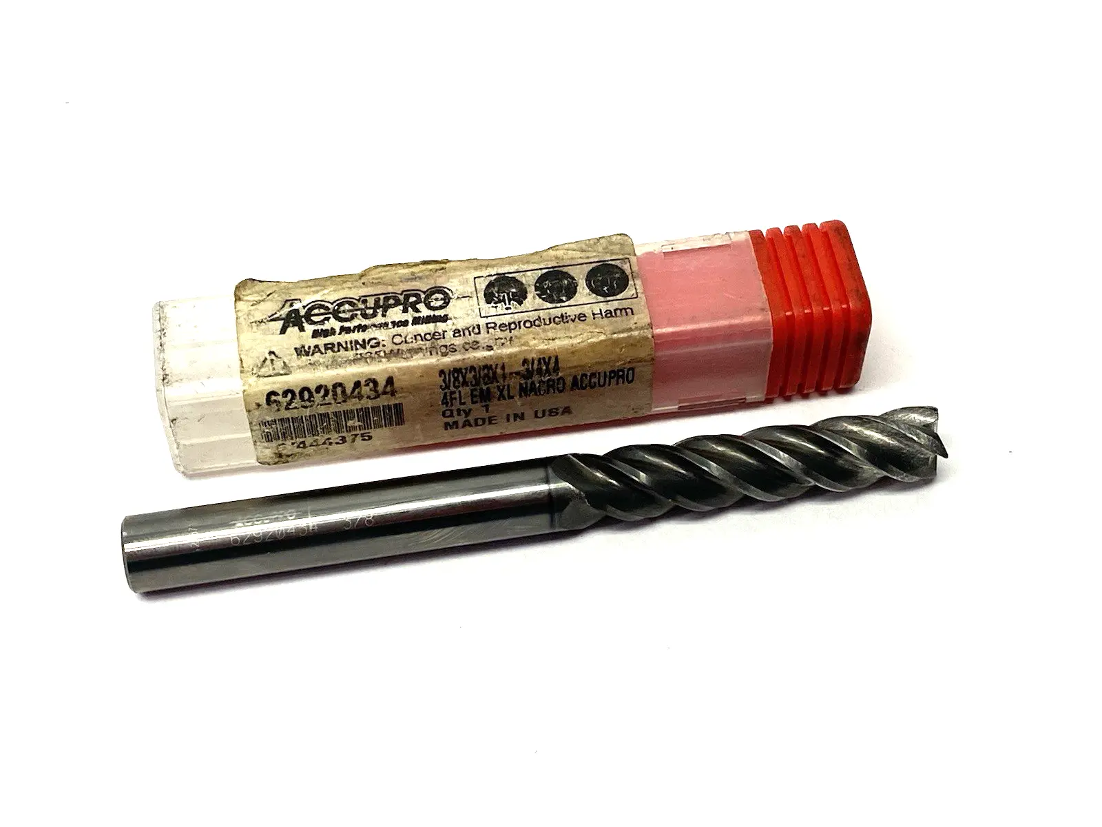 USED ACCUPRO SQUARE END MILL: 3/8" DIA, 1-3/4" LOC, 4 FLUTE, SOLID CARBIDE