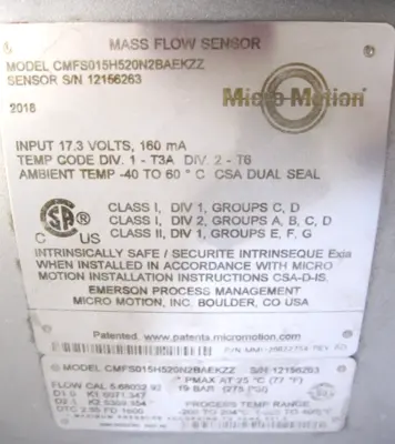 USED Micro Motion CMFS015 H520N2BAEKZZ