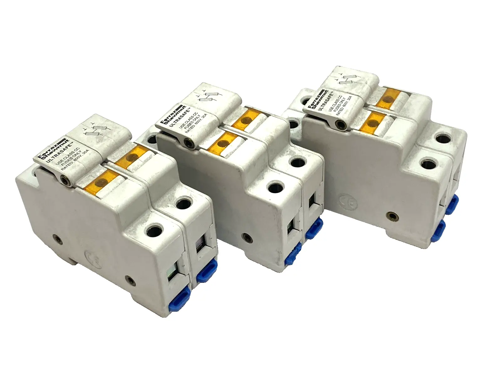 USED FERRAZ SHAWMUT FUSE HOLDER CLASS CC 30A 600V, 2-POLE DIN RAIL LOT OF 3
