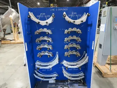 Shibuya Hoppmann Norwalt Aerosol Can Puck Sorter Inserter Line w/ Feeder Hopper