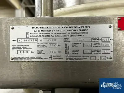 USED Rousselet Robatel 400 MM Rousselet Basket Centrifuge, Model RC40VXKSAR