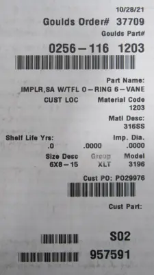 NEW GOULDS 0256-116 1203 IMPELLER 6X8-15 6-VANE 02561161203