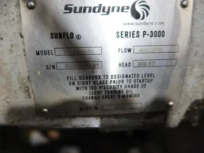SUNDYNE SUNFLO HONEYWELL P-3000 BOILER FEED WATER PUMP WITH 150 HP MOTOR 400 GPM