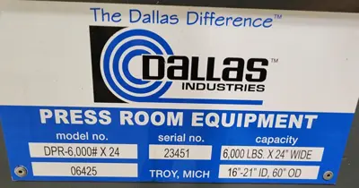 Used DALLAS DPR-6,000X24/06425 Coil Reels and Straighteners Michigan US | Midwest Press and Automation #1302701