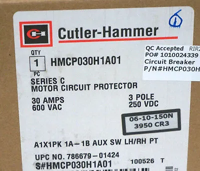 NEW CUTLER HAMMER HMCP030H1A01 CIRCUIT BREAKER SER. C, 30A, 600VAC, 3 POLE