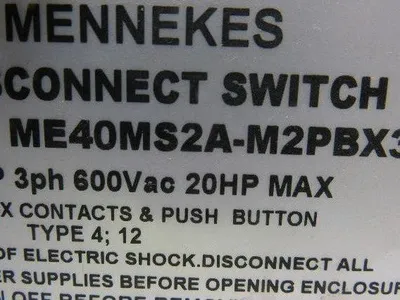 Mennekes ME40MS2A-M2PBX3 40A 3Ph 600VAC 20Hp HDI Disconnect Switch