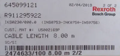 NEW REXROTH R911295922 CABLE IKS0230 8.00M