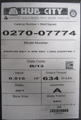 NEW HUB CITY 0270-07774 WORM GEAR DRIVE 50:1 027007774