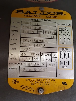 BALDOR JMM3711T INDUSTRIAL MOTOR 10HP, 3450RPM, 230/460V, 3PHASE, 215JM Frame, 60Hz