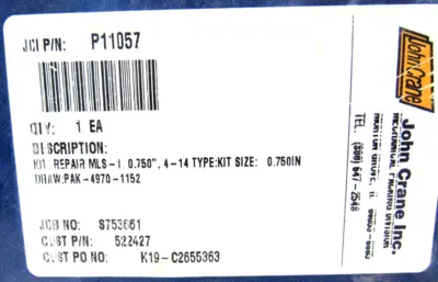 NEW JOHN CRANE P11057 REPAIR KIT MLS-1 0.750",4-14 TYPE KIT SIZE 0.750" 522427