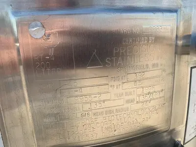 Tank, 53 Gallon, 316L Stainless Steel, 45 PSI, Precision Stainless #S743975