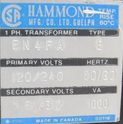USED HAMMOND EN4FA TRANSFORMER TYPE E PRI 120/240 SEC 16/32