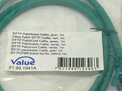21.99.1941A | Value  Patch Cable S/FTP Cat 6a 1m - New