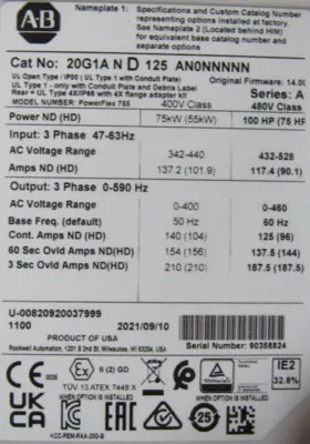 NEW 20G1AND125AN0NNNNN POWERFLEX 755 DRIVE 100HP SER.A NEW SURPLUS