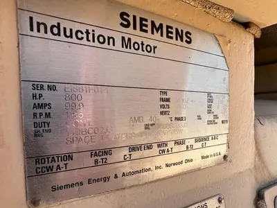 Siemens 800 HP @ 1185 RPM Electric Motor SN E18811-01-1