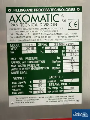 USED Axomatic SrI 10 Liter Axomatic Vacuum Homogenizing Mixer, Model AxoMIX10, 316 S/S