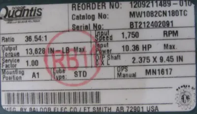 NEW BALDOR MW1082CN180TC GEAR REDUCER 36.54:1