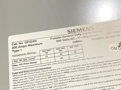 USED SIEMENS GENERAL DUTY SAFETY SWITCH 200A 240VAC 250VDC 60HP
