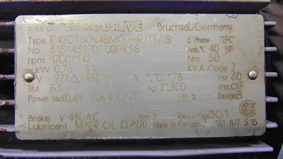 0.75kW SEW Eurodrive R42DT80N4BMG/HR/TF/IS Electric Motor 277/480V 1700 RPM Used