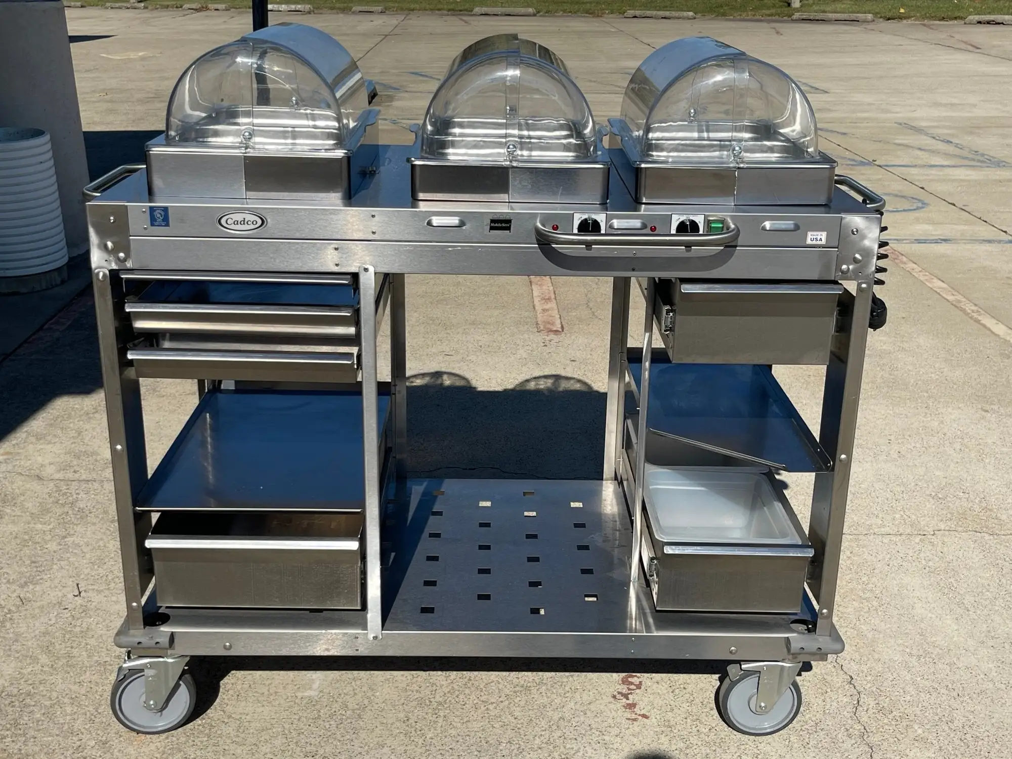 Used Cadco Used Cadco - CBCHC - Stainless Steel Mobile 2 Hot 1 Cold Buffet Serving Cart 120V Restaurant Equipment (Miscellaneous) Illinois US | Falcon Restaurant Supply #1375892