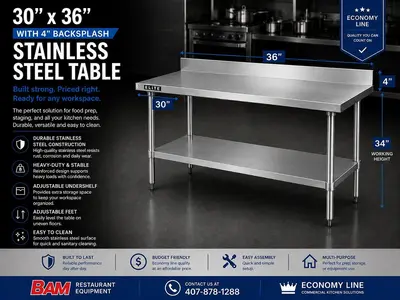 30x36" 4" Backsplash Stainless Steel Table