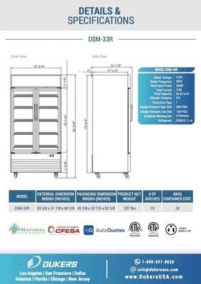 New | in-Stock Dukers New Dukers DSM-33R Commercial Glass Swing 2-Door Merchandising Reach-in Cooler Refrigerator Display Refrigerators Illinois US | Falcon Restaurant Supply #1376392