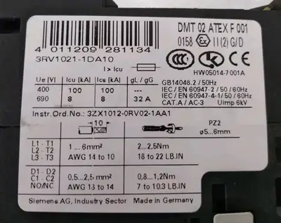 Used Siemens 3RV1021-1DA10 SIRIUS Manual Starter Motor Protector, 3.2A Starters South Carolina US | Palmetto Automation #1158912