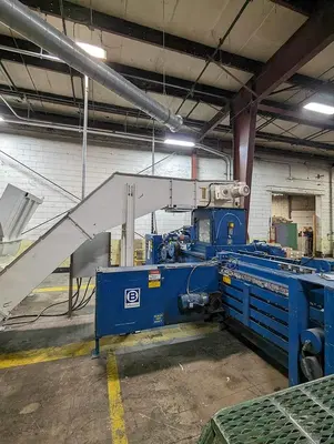 USED VECOPLAN RG 42/30 SWU SINGLE SHAFT SHREDDER + AUGER DISCHARGE & PADDLE TAKE-A-WAY CONVEYOR
