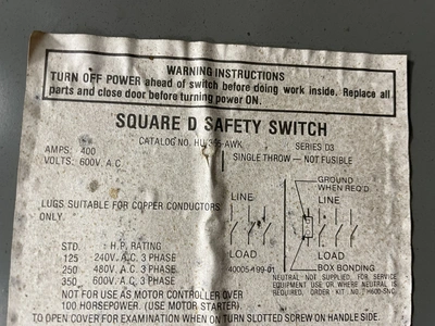 USED SQUARE D /CAT. NO: HU-365-AWK