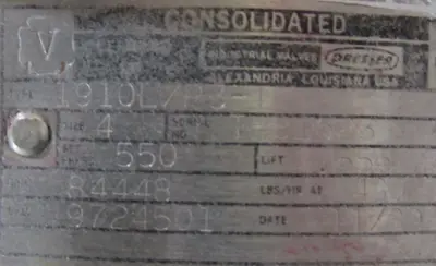 REFURBISHED CONSOLIDATED 1910L/P3-1 RELIEF VALVE SIZE 4 SET@ 550 PSI 4036922U