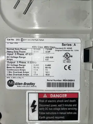 ALLEN BRADLEY 20DD011A3NYNA1NNA /A PowerFlex 700S 7.5HP 3Ph 0-320Hz 480V @2A