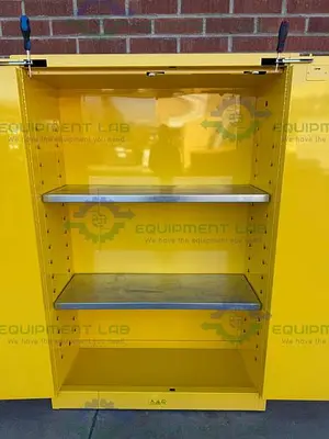 USED JUSTRITE 45 GALLON FLAMMABLE LIQUID STORAGE CABINET W/ SOFT CLOSE DOORS KEY