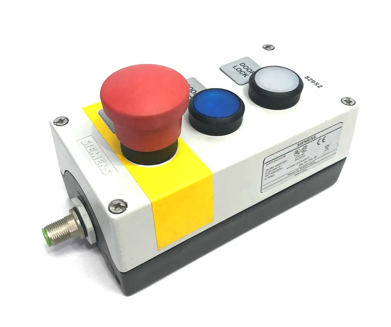 USED SIEMENS ENCLOSURE W/ E-STOP, DUAL ILLUMINATED PUSHBUTTONS