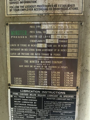 USED 1971 MINSTER MINSTER S1-200-30-36 PRESS