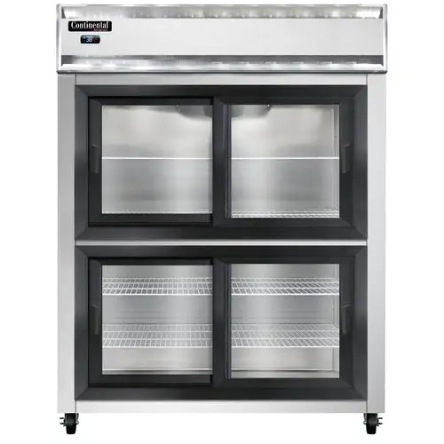 Continental 2RENSGDHD 57" Two Section Reach In Refrigerator, (4) Sliding Glass Doors, Top Compressor, 115v