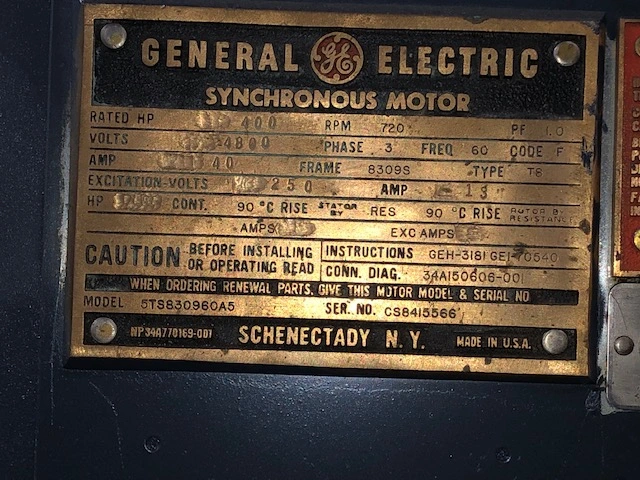 400 HP General Electric Synchronous Motor 720 Rpm 4800 Volts
