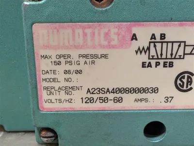 Numatics A23SA4008000030 Solenoid Valve 120/50-60 .37A 150 PSIG Air Used