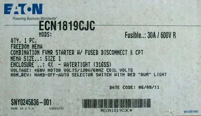 NEW EATON ECN1819CJC COMBINATION STARTER DISCONNECT SIZE 1