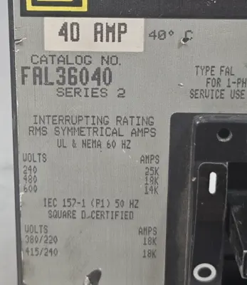 Square D FAL36040 Ser. 2 Thermal-magnetic Circuit Breaker 40A 3 Poles Loc4D4