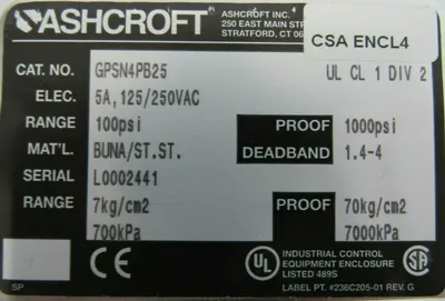 NEW ASHCROFT GPSN4PB25 PRESSURE SWITCH 100PSI GPSN4PB25