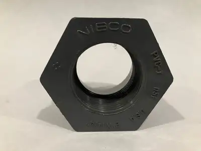 USED NIBCO 2" X 1-1/4" REDUCER BUSHING PVC-I NSF 2"LENGTH, 2-1/2" HEX