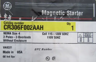 NEW GENERAL ELECTRIC CR306F002AAH MAGNETIC STARTER NEMA SIZE 4 115/120V COIL