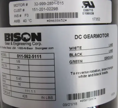 NEW BISON 011-562-5111 GEARMOTOR 1/8HP RATIO 111.1:1 24V 0115625111